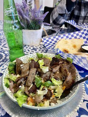 Gyro Plate over Greek Salad + Hummus and Tzatziki + Pita