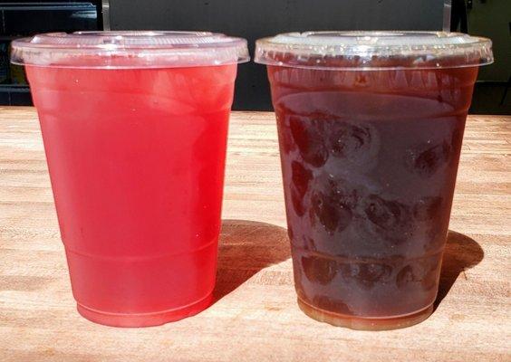 Strawberry Hibiscus Lemonade, custom iced coffee with peach syrup.