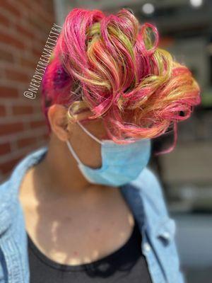 Watermelon Sugar Vibrance Color and short cut, done by Maria @nerdysirenartistry