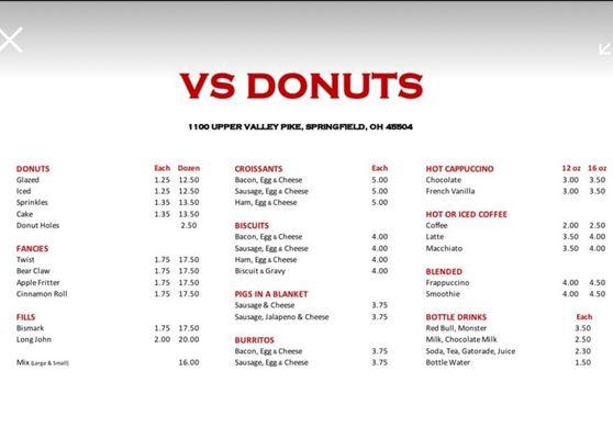 VS Donuts menu with current prices