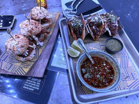 Beef Short Rib Birria Tacos & Crispy Chicken Biscuits