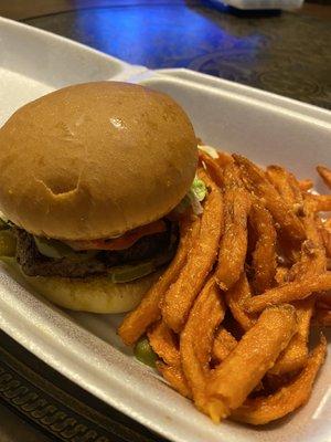 Delicious small depot burger with sweet potato fries.