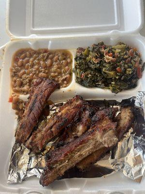 Pork ribs that need no sauce, greens, baked beans