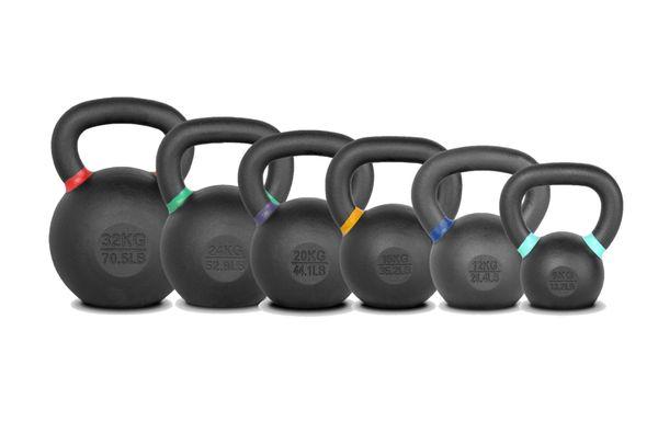 Kettlebells with matte black powdercoat finish and color accent rings