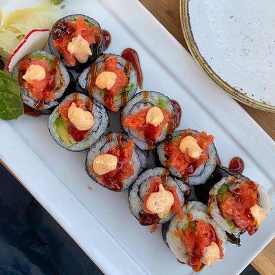 Spicy tuna, shrimp tempura, and avocado