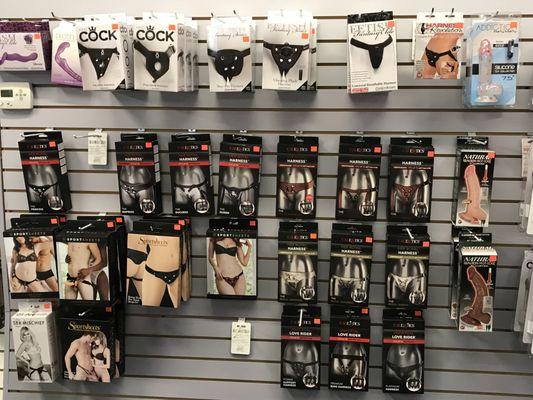 Harnesses for any dildo or dongs. We have them all in leather, rubber, metal, single or dual. Come by and checkout what we have.