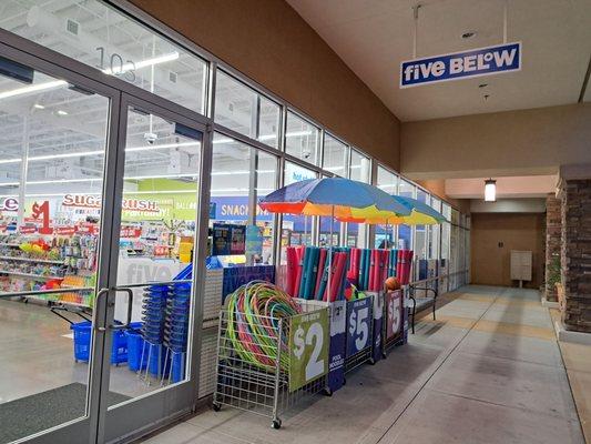 Outside Five Below - Hula hoops, pool noodles, basketballs