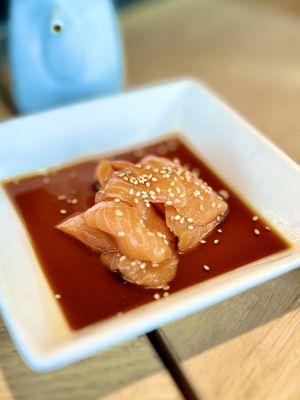 This salmon sashimi surprised my daughter and me, who normally don't like salmon sushi at all. Kudos on converting us!