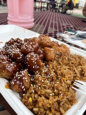 Sesame chicken, orange chicken, rice