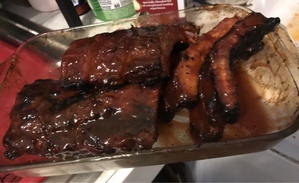 Most of a rack of ribs, heavy sauce, few minutes at 240 covered in foil and freaking great!