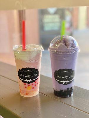 watermelon slush with sea salt cream and toppings and taro slush with toppings