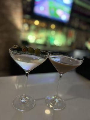 Dirty martini and espresso martini