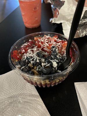 Smoothie bowl with chia, blueberries, strawberries, and coconut flakes!