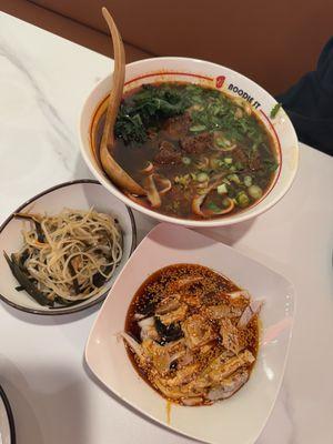 Spicy beef noodle soup Shredded veggie salad Chicken in savory chili sauce