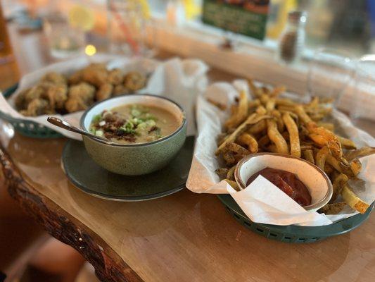 Fried mushrooms, hand cut fries, cup of beer cheese.