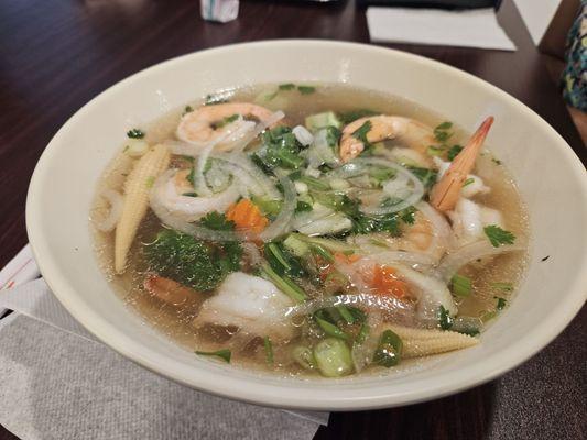 Shrimp pho with egg noodle