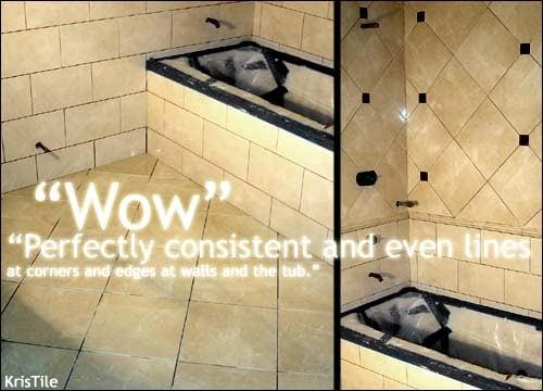 The travertine tiles were installed in a subway / brick pattern in the bathroom and on diagonal above the tub.