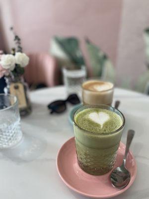 Matcha latte and regular oat milk latte