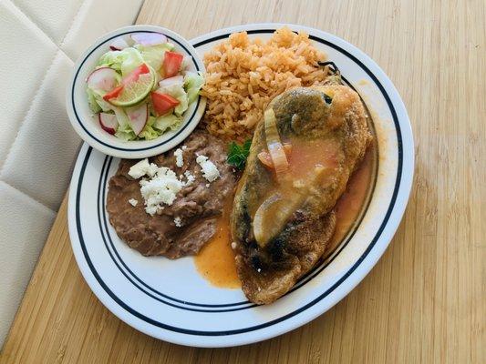 Chile rellenos plate
 2 chile rellenos served with rice beans salad salsa and corn tortillas 0