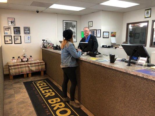 Keller Bros counter, where customers can get a loaner car, a shuttle ride, arrange for service and receive caring, knowledgeable advice.