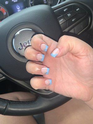 Dip nails with blue tip and half silver sparkle