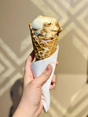 Marionberry Oatmeal Cobbler (v), Honey Lavenderhoney, Sea Salt w/ Caramel Ribbons in a House Made Waffle Cone