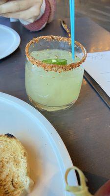 Sweet & Spicy Margarita | 15 Conciere Tequila, Jalapenc , Pineapple Juice Triple Sec. Lime Juice. Taiin Rim