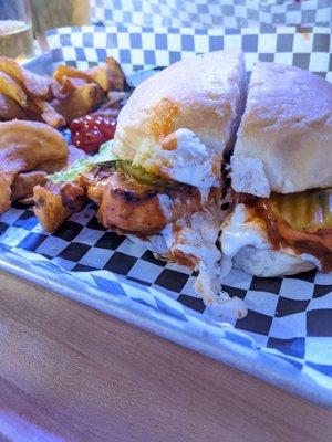 Buffalo chicken sandwich, a little dry and thick chicken breast! Good bun. Good service.