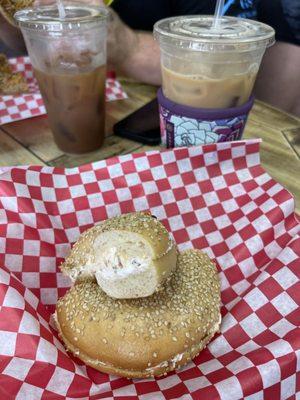 Sesame bagel, bacon cheddar cream cheese, 2 iced coffees