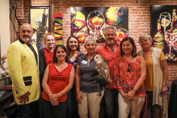 FrogMan Tim Cotterill with special guest Tyto from the Lindsay Wildlife Experience and staff from the North Bay Gallery