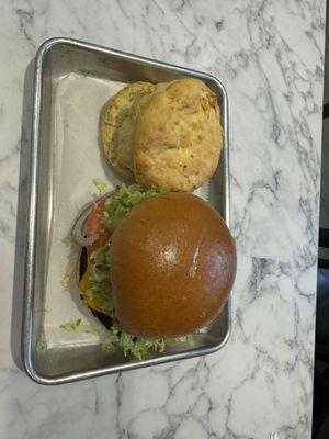 Black-eyed pea burger and biscuit.