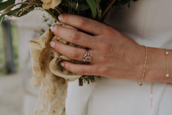 Custom engagement ring, unchained naiad band, styled bracelets by Ellana Photo by Hunter and Light