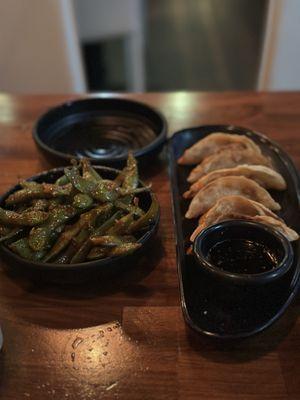 Spicy edamame and pork gyoza