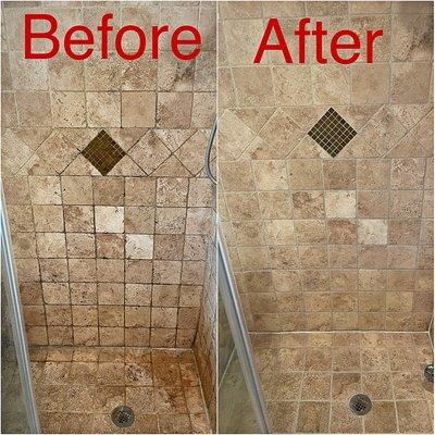 Travertine shower clean and color seal grout and recaulk