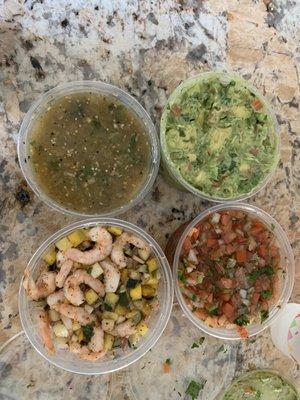 Items from Robert's market. Guacamole, shrimp ceviche, pico degallo salsa and green salsa