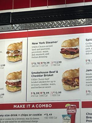 Menu showing the sub and what comes on it.