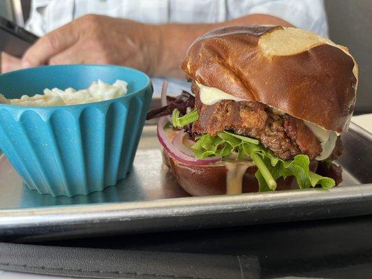 Cali Burger on a pretzel bun