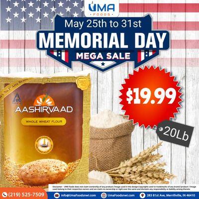 Save this Memorial Day with #UMAFoods! Get your Aashirvaad for just $19.99 on Memorial Day. Enjoy the delicious taste of Aashirvaad