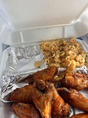 Honey hot wings and Mac and cheese