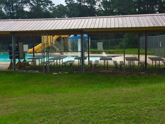 Covered tables adjacent to the pool