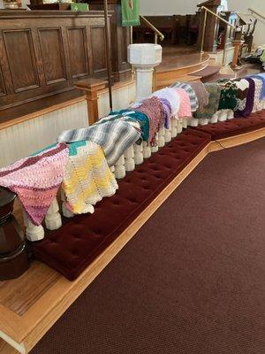 Prayer shawls handmade by our "Faithful Fingers."