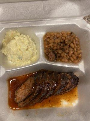 Sausage, potato salad, baked beans