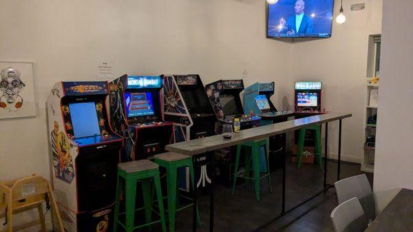 Upstairs arcade. I believe they are free play? Some were shut off.