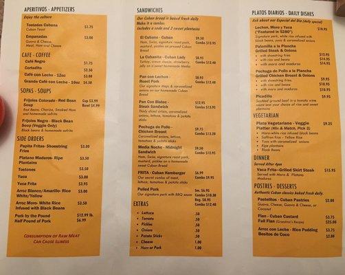 Menu as on 22 April 2017