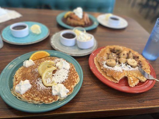 Lemon ricotta pancakes (so moist), a banana pancake special (would recommend the restaurant adding caramel to it), stuffed French toast