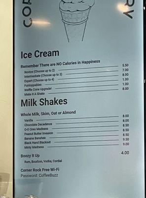 Ice Cream and Milkshakes menu