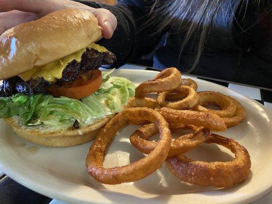 Hooshburger with onion rings.