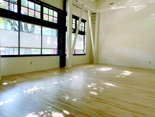 Yoga studio interior, spacious and bright