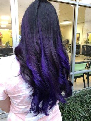 Black to plum and violet balayage