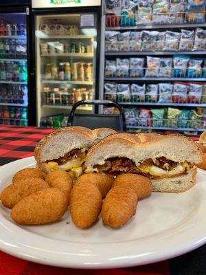 Bacon egg and cheese with potato cones